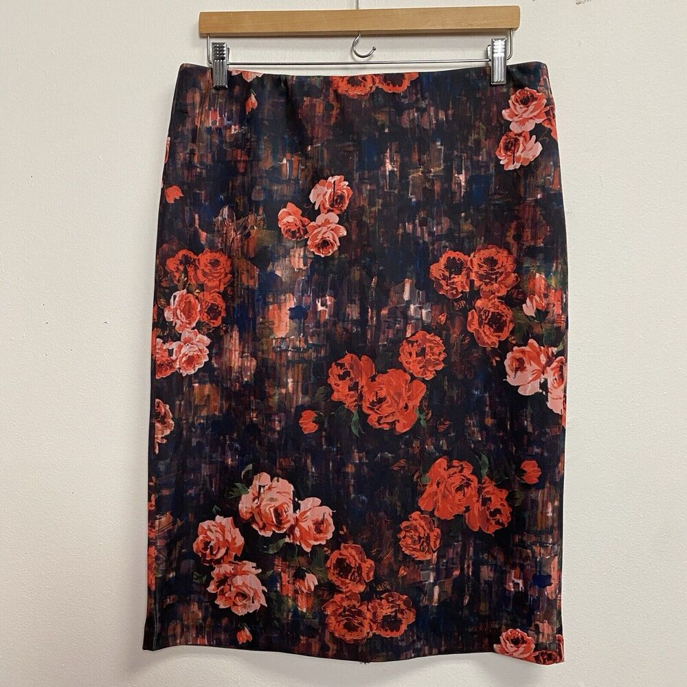 ECI Skirt Women's Large‎ Scuba Stretch Knit Floral Ikat Paint Pencil Cut Church